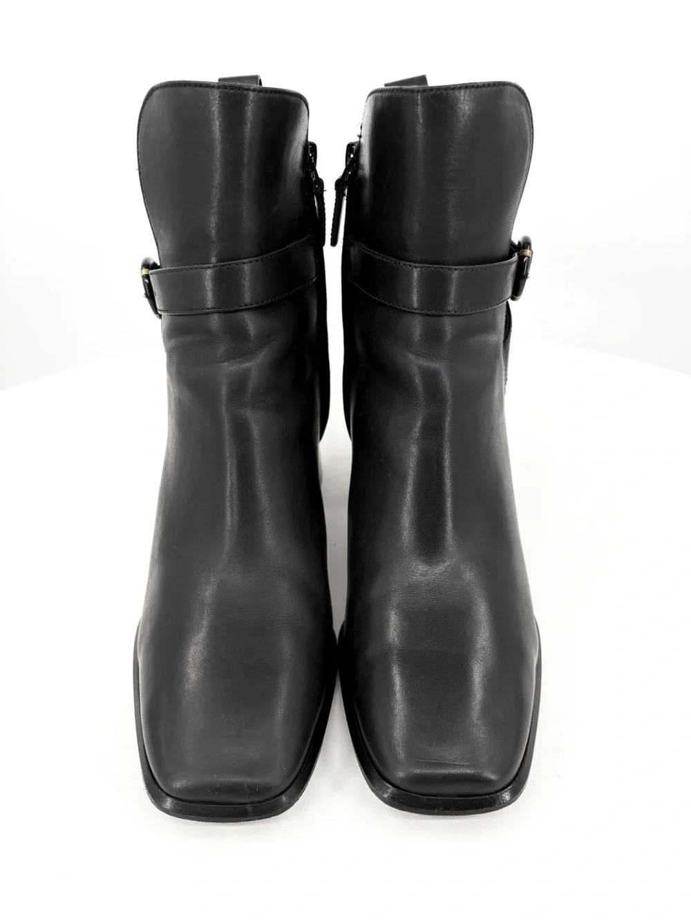 TORY BURCH Logo Buckle Square-Toe Ankle Boots in Black Leather 10 - Picture 5 of 14